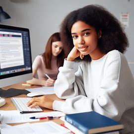 A girl working on computer, with books and papers around. 
A girl writing in the background.